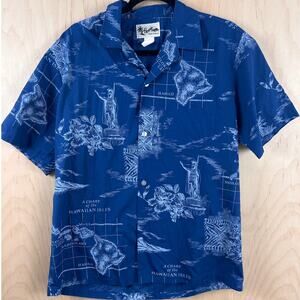 Hilo Hattie Hawaiian Shirt Mens Medium Blue Map Print Made in Hawaii Aloha